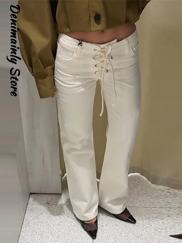 Bandage Low Waist Woman White Jeans Fashion Wash Denim High Street Straight Pants Summer 2025 Casual Loose Female Trousers 250619