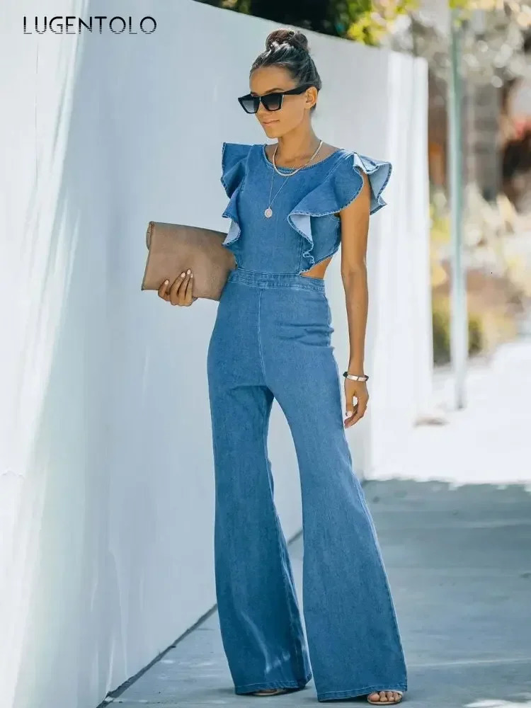 Women Sexy Round-neck Jumpsuits Ruffles Sleeveless Slim High-Waist Lady Elasticity Denim Street Wide-leg Pants Lugentolo 250619