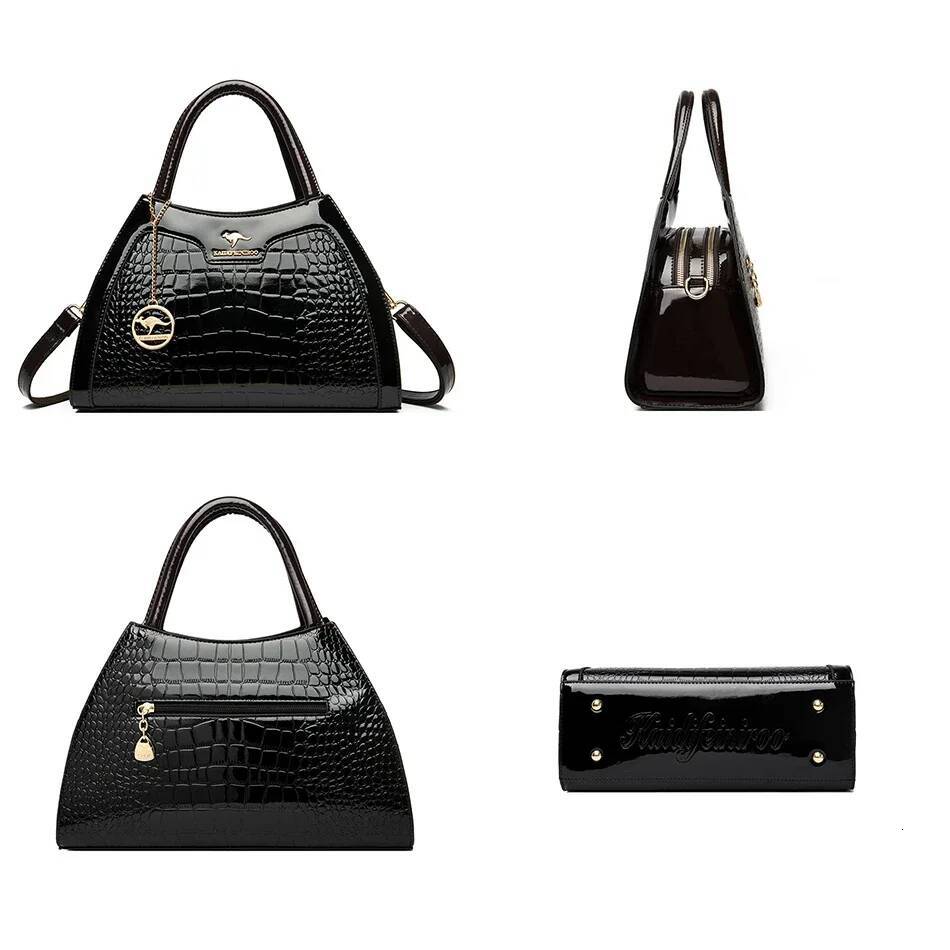 DHSM Patent Leather Handbags for Women Designer Crocodile Pattern Women's Shoulder Crossbody Bag Hobos Ladies Messenger Stone