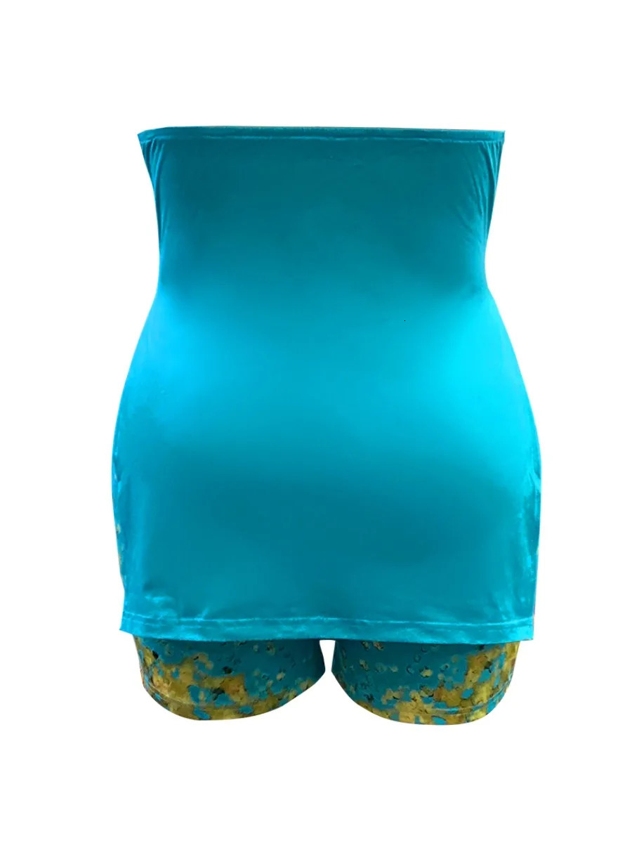 LW Plus Size shorts sets Off The Shoulder Print Split Shorts Set summer short sleeve Tshirt casual 250609