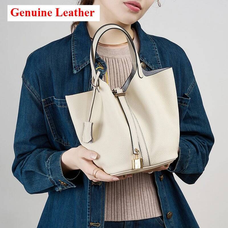 DHSM Genuine Leather Shoulder Bucket Bag Women Litchi Pattern Mini Basket Tote Soft Handbag Mommy Bride Wedding Bags with Lock