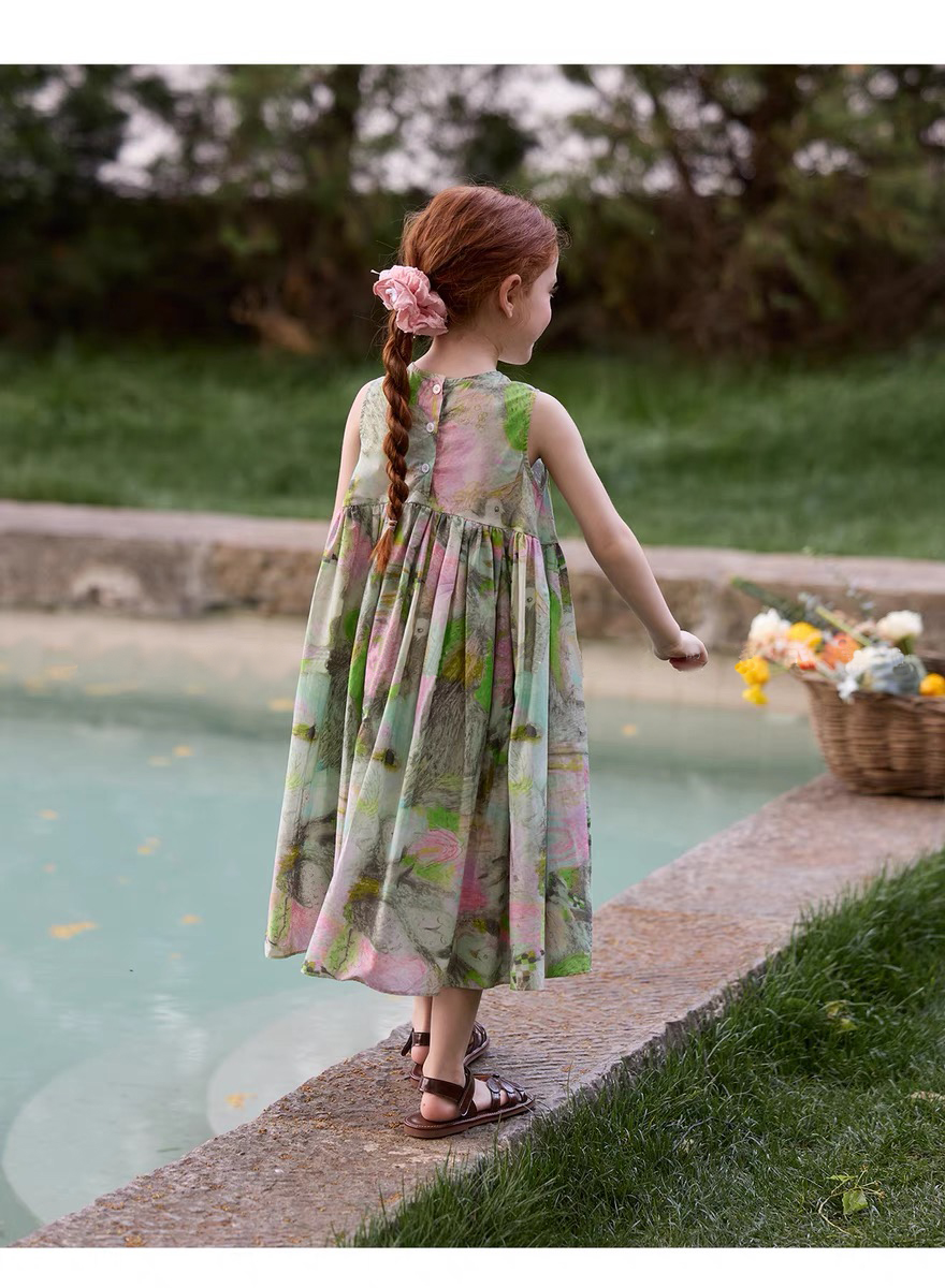 Girls' pure cotton abstract printed casual dress Versatile mid length dress