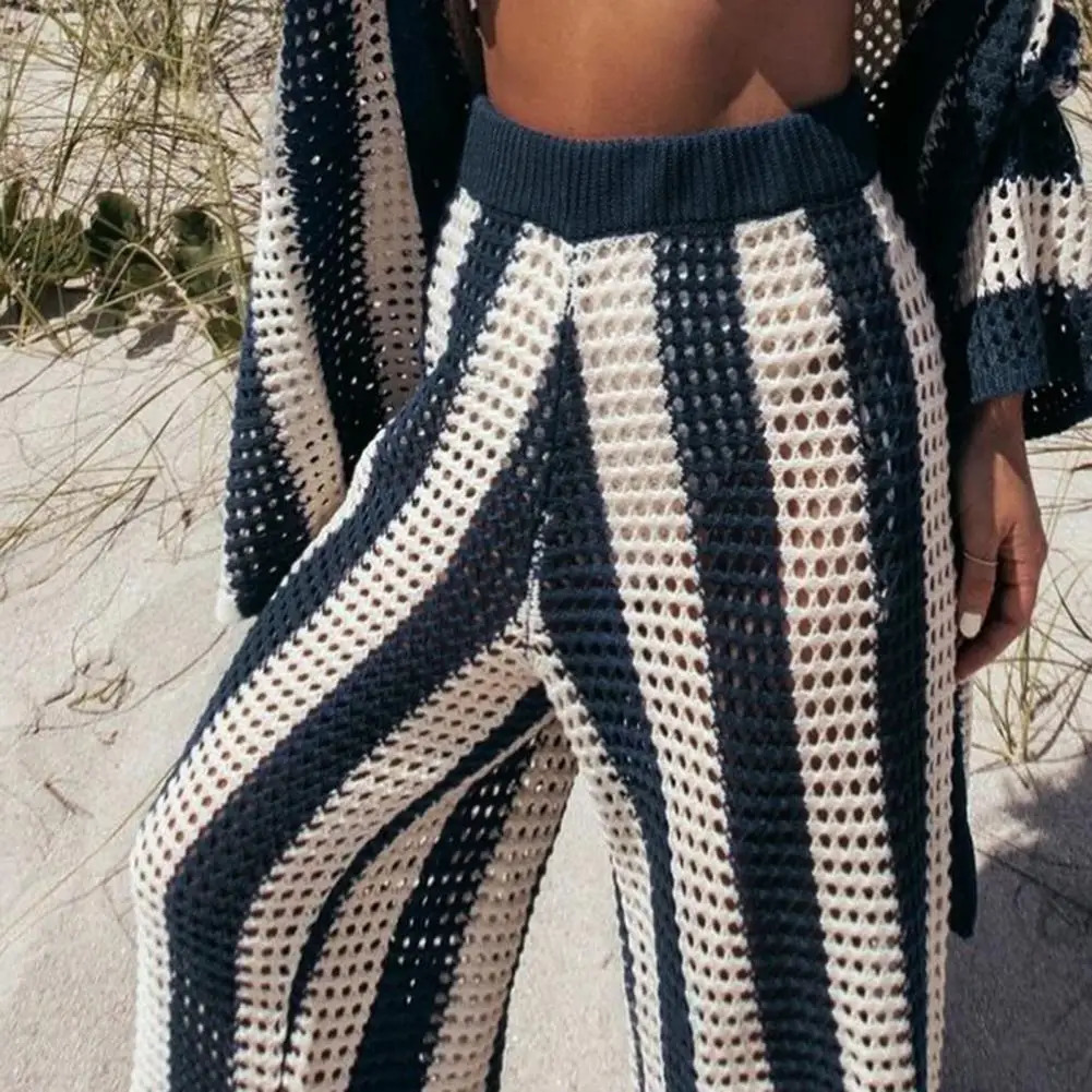 Hollow Knit Clothes Stylish Womens Knitted Shirt Pants Set with Hollow Out V Neck Single-breasted Blouse High Waist for Summer 250619