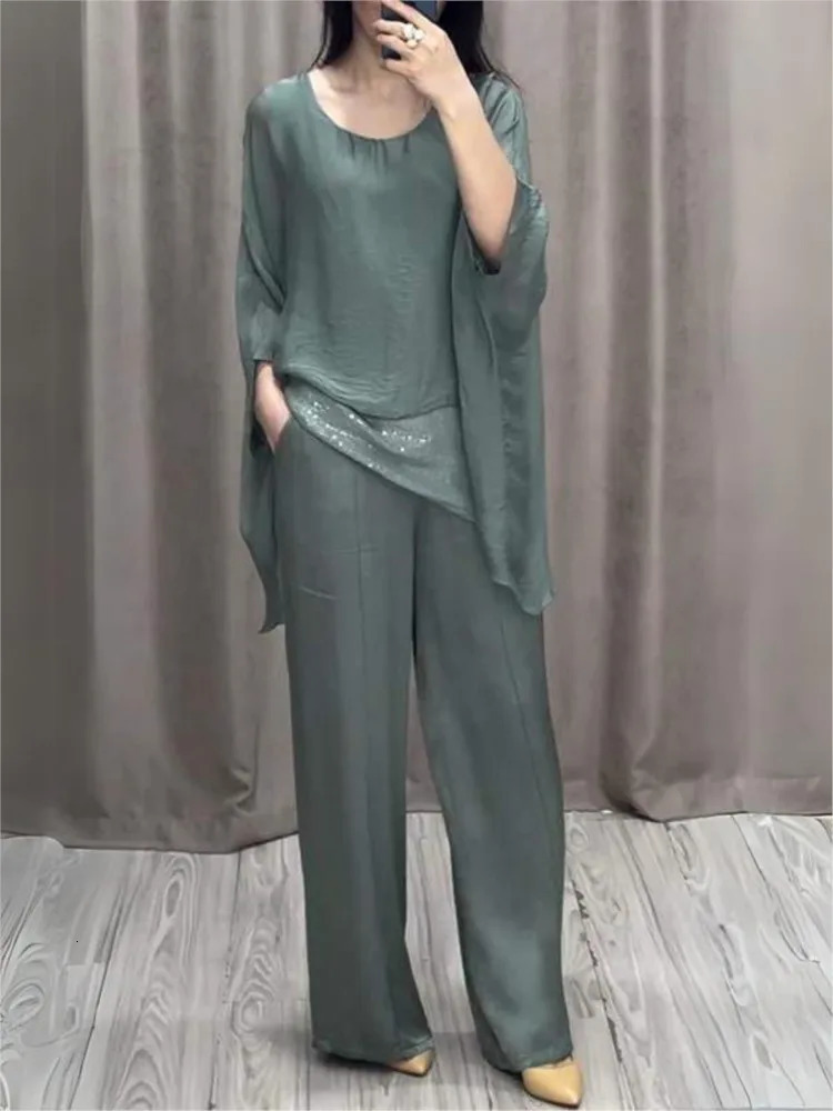Women Double-layer Top Two-piece Suit Spring Autumn Fashion O-neck Sets Casual Batwing Sleeve Top With Wide Leg Pants Outfits 250619