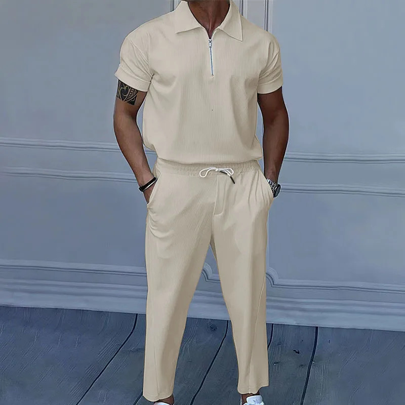 Summer European and American Trade Large Mens Solid Color Set with Collar Short Sleeve Zipper Pants Set 2 pieces 250619