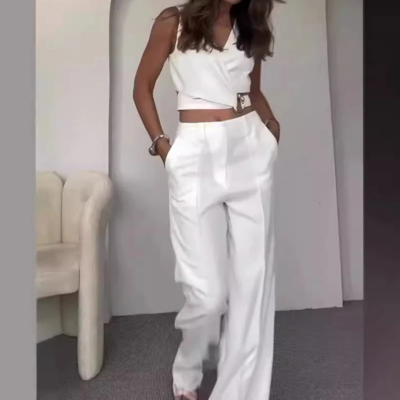 White Vest Tops Two Piece Sets Women Pants Set Round Neck Sleeveless Button High Waist Wide Leg Long Pants Slim Fit Elegant 250619