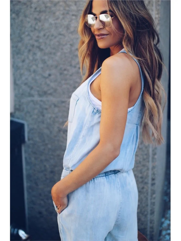 Summer Denim Jumpsuit For Women 2025 Fashion Sleeveless Button Vest Slim Drawstring Pant Jumpsuits High Street Womens Clothing 250619