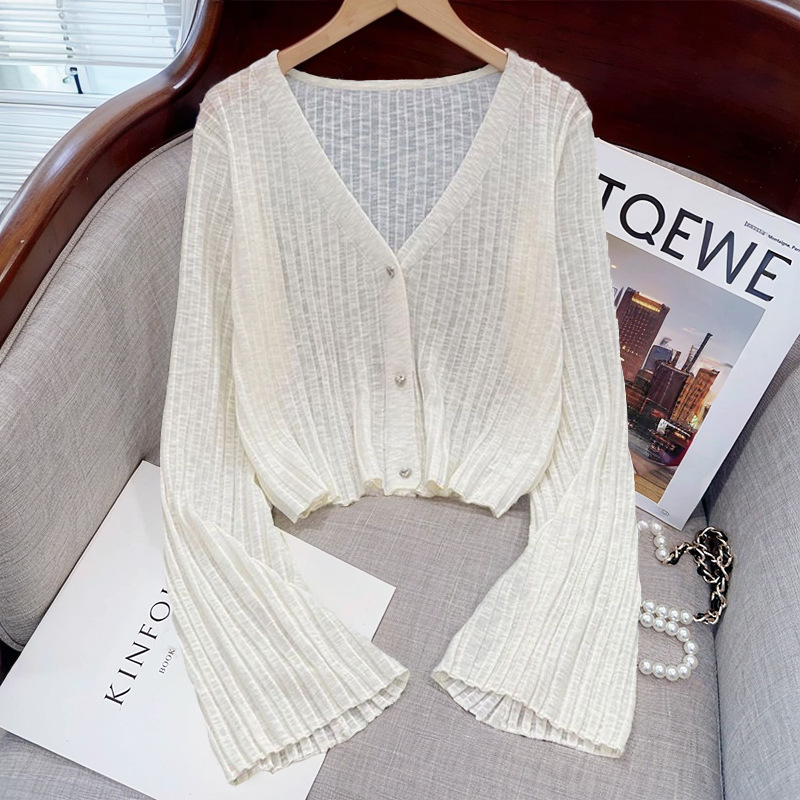 K1077 Ice silk short V-neck knitted cardigan for women, new summer style, long-sleeved thin sunscreen shirt with suspender skirt and shawl
