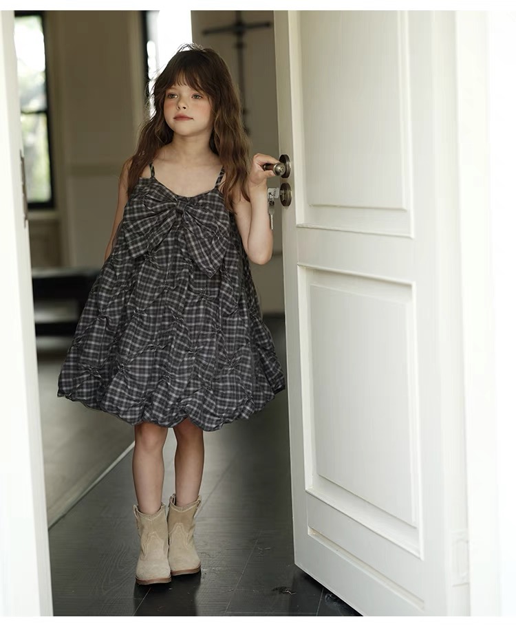 Girls' suspender lantern plaid dress Casual versatile outerwear dress