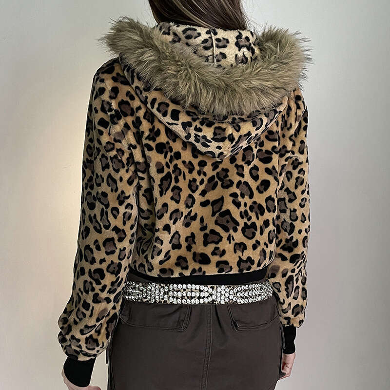 Autumn Winter New Leopard Print Patchwork Hooded Zipper Jacket Women's Fashion Street Style Warm Plush Coat B5
