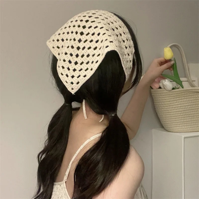 French Hollow Triangle Headband Towel For Women Beige Crochet Headbands Bandana Summer Travel Literary Po Hair Scarf Bands 250617