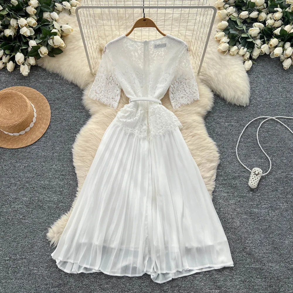 Sexy short sleeve mesh Hook flower hollow Spliced Dress Chic Vintage Evening Party Club Women Chic Summer Beach Dresses 250619