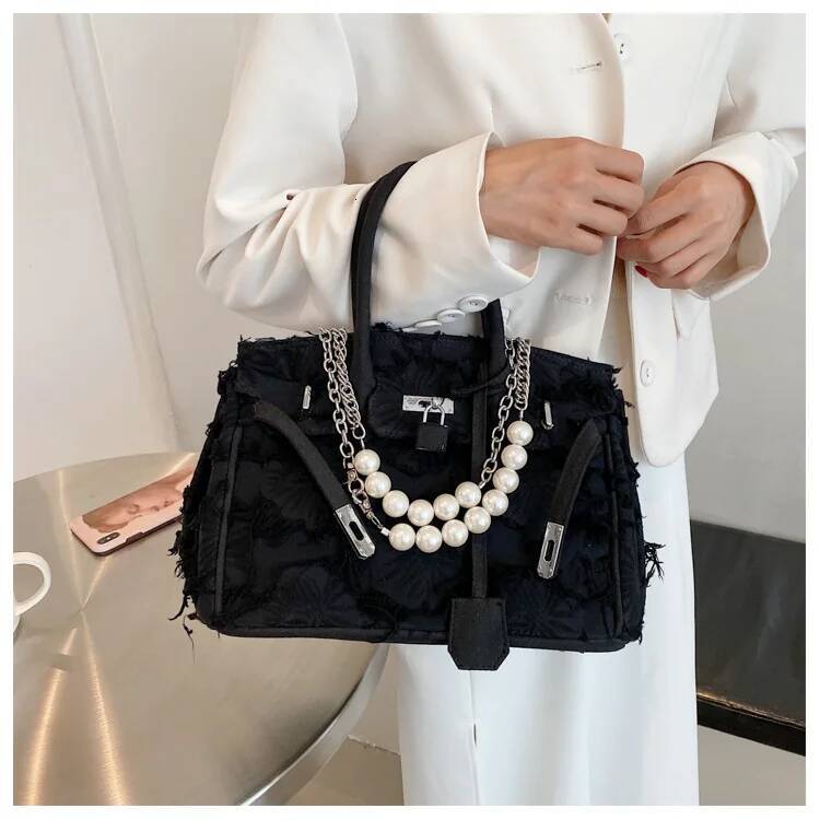 DHGM DHGM 2025 Vintage Pearl Chain Bag - Distressed Boho Shoulder Purse, Unique Crossbody Clutch