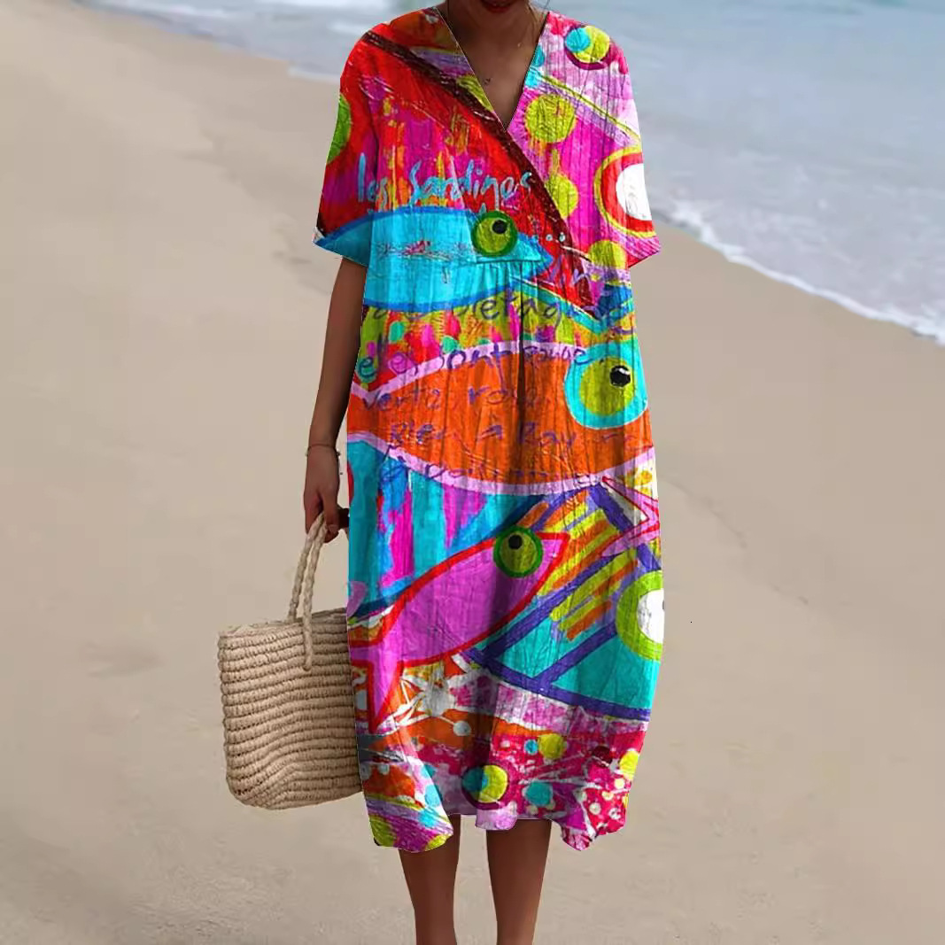 Designer Plus Size Dressindependent Station New Plus Size Women's Shirt Pocket Short Sleeve Dress Ocean Element Fish Vacation Style Dress