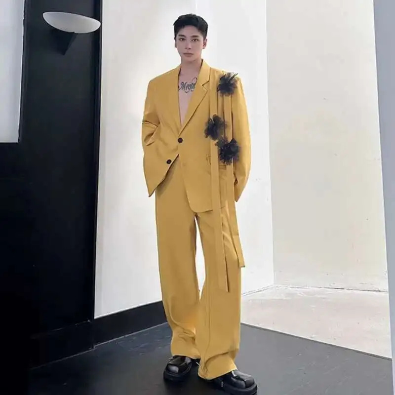 IEFB Niche Mens Two-piece Ribbon Mesh Floral Single Breasted Blazer Contrast Color Straight Wide Leg Suit Pant 9C8190 250619