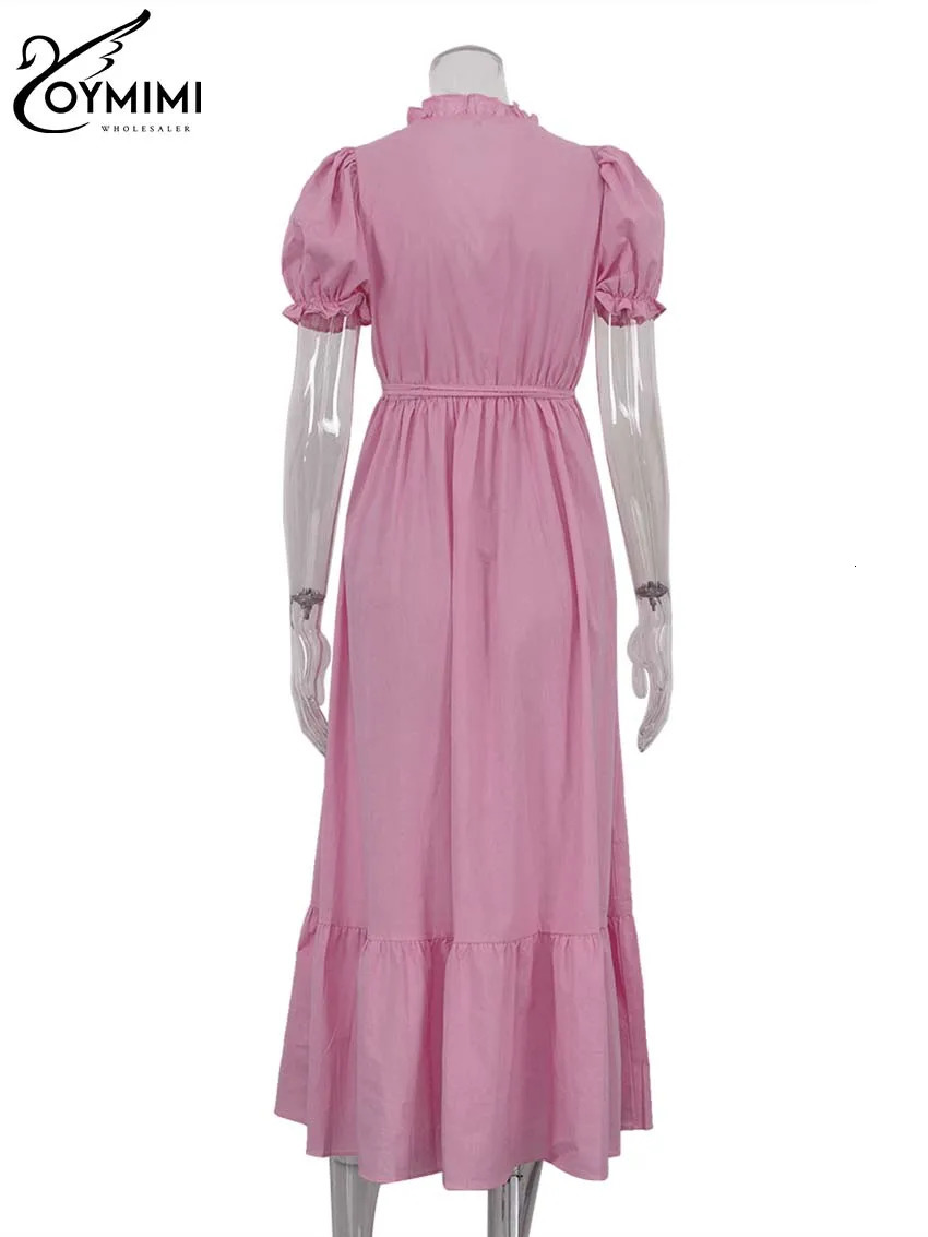 Oymimi Elegant White Cotton Womens Dresses Fashion Short Sleeve V-Neck Lace-Up Dresses Summer Loose Ankle-Length Dress Female 250619