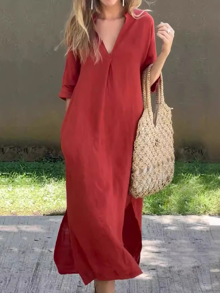 Designer Plus Size Dressplus Size Women's Fashion 2025 Summer New V-neck Three-quarter Sleeve Cotton Linen Side Slit Dress Solid Color Casual Lon