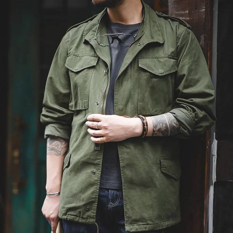 Maden Military M65 Field Jackets For Men Green Vintage Army Jacket Casual Windbreaker Solid Lapel Collar With Pockets Overcoat