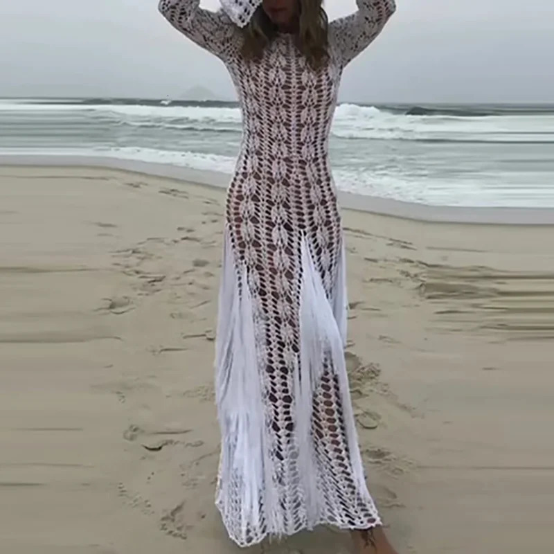 Fashion Fringe Patchwork Slim Long Robe Dress Beach Holiday Hollow Knitted Womens Dress 2025 Casual Summer Long Sleeved Dresses 250619