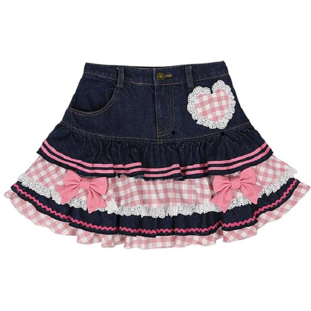 Preppy Style Lolita Kawaii Skirts Japanese Sweet Mini Women Harajuku Cute Ball Gown Denim Skater Y2K High Waist Lace Cake Skirts 250619