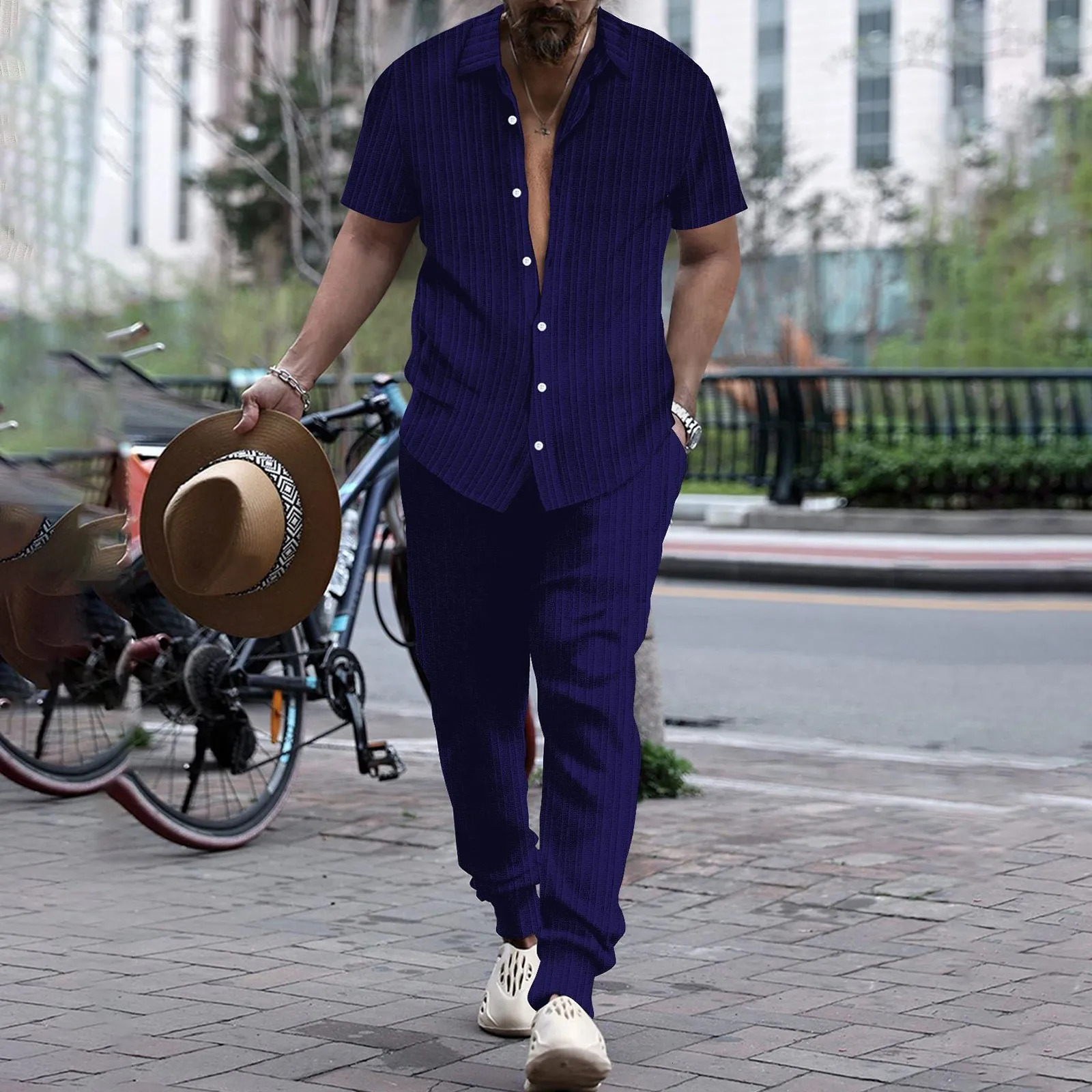 Mens Shirt Casual Short Sleeve Cardigan Blouse Top Pants Beach Suit Summer Two Piece Set Fashion Clothing For Man Ropa Hombre 250619