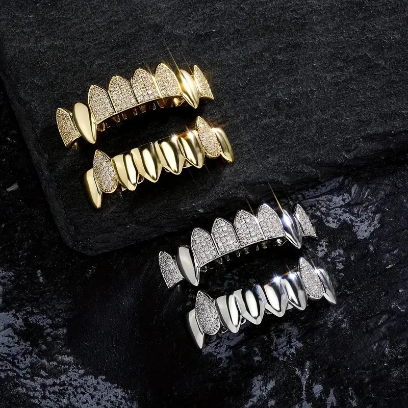 2pcs S925 Silver With 47 Hip Hop Street Rap Men Women Teeth Grill Ice Micro Pave 18k 250613
