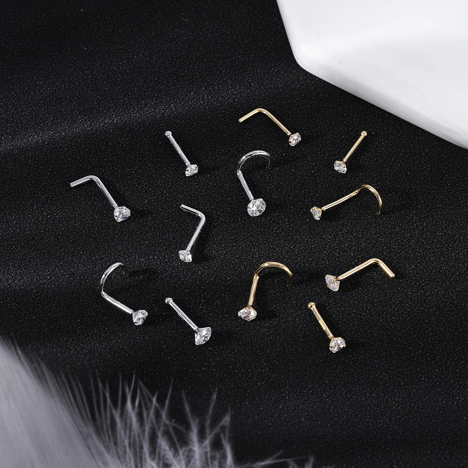 ZS 1820G 925 Sliver Nostril Piercings Gold Plated Nose Studs Shiny Zircon Septum Rings for Women Real Sterling Stud 250613