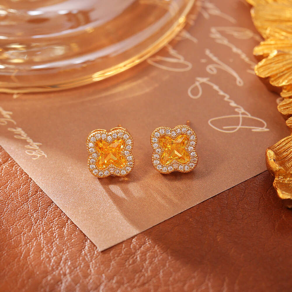 designer Exquisite Colorful Zircon Clover Fashion High-end Daily Versatile Temperament Sweet Cool Style Earrings