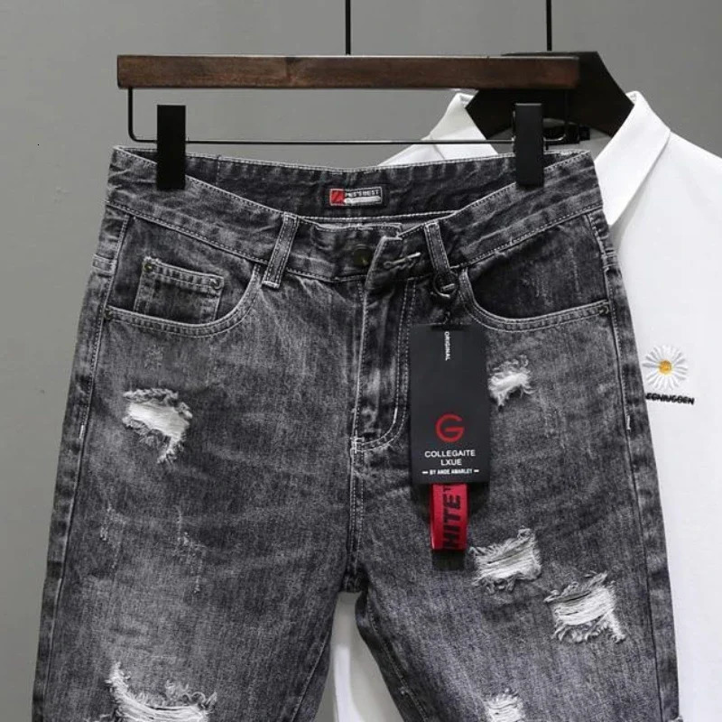 Mens Short Jeans Pants Black Gray Ripped Male Denim Shorts er Buttons Emo in Stretchable With Zipper Original 250618