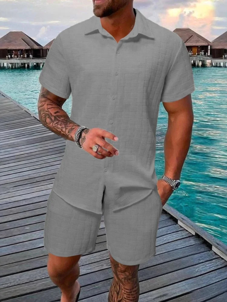 2025 Summer Mens casual daily outdoor travel solid color jacquard lapel short-sleeved Shirt drawstring Shorts two-piece Set 250619