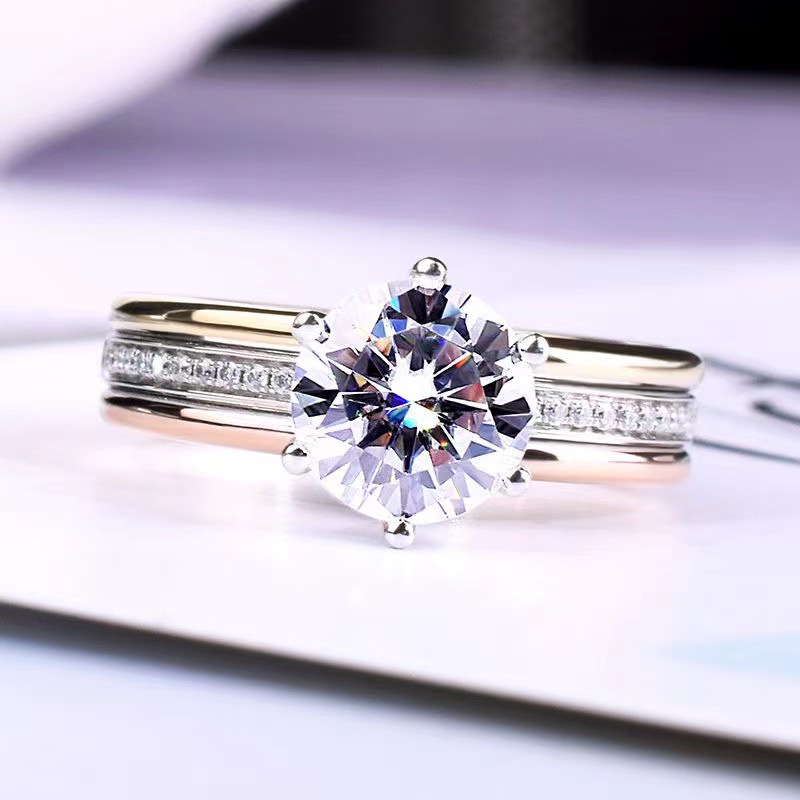 Three Color Band Sterling Silver Ring with Slightly 3 Ct D-Color Moissaniter Ring