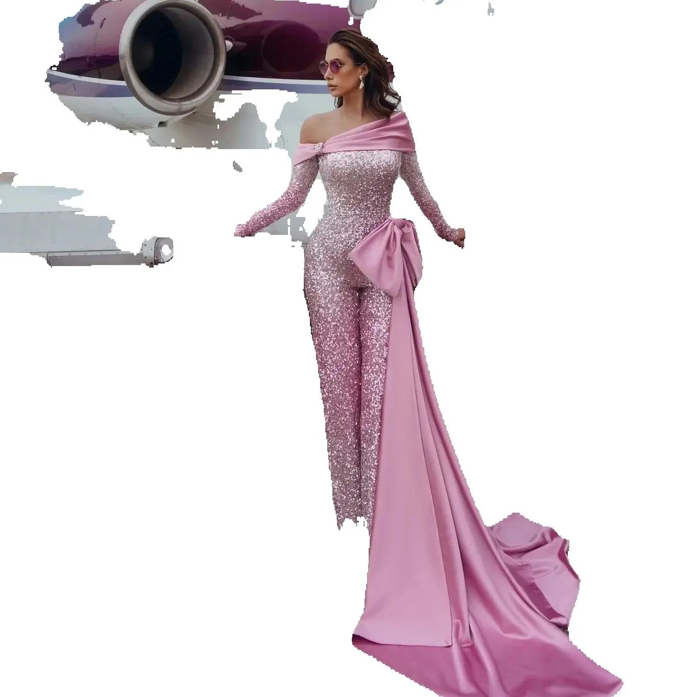 Elegant One Shoulder Prom Dresses Sequined Jumpsuits Evening Dress Long Sleeve Bow Tie Celebrity Party Gown Custom Made