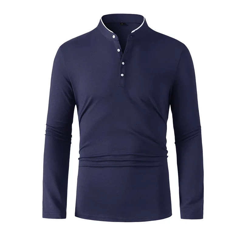 2025 Mens Casual and Fashionable Solid Color Long Sleeved Stand Up Collar Tshirt Summer Versatile Comfortable Top 250616