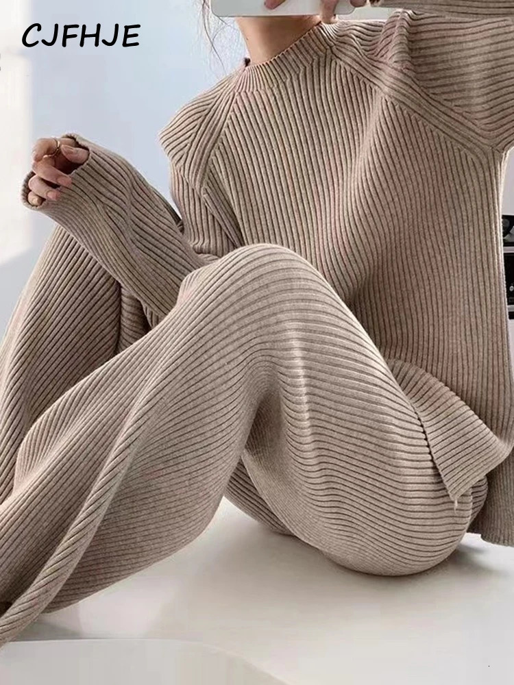 CJFHJE Knitted Sweater Suit Women Elegant Solid O-Neck Pullovers Wide Leg Pants Suit Lady Winter Soft 2 Piece Set Homewear 250619