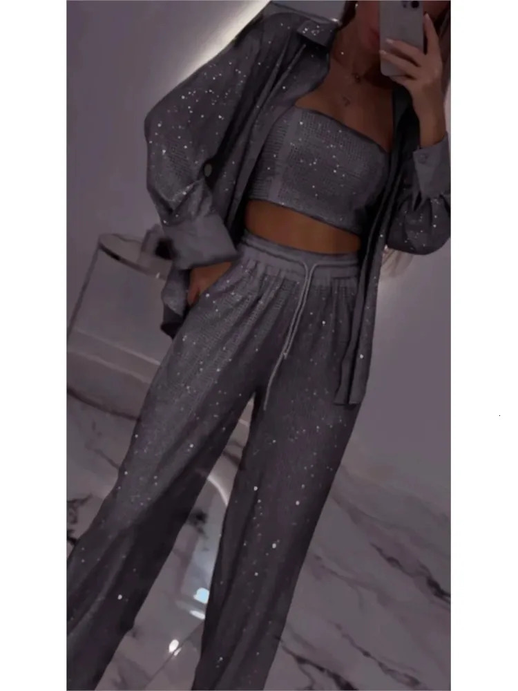 2025 Spring Fashion Sequin Women 3 Piece Sets Elegant Club Party Multi-color Outfit Casual Lapel Shirt Wide Leg Pant Set 250619