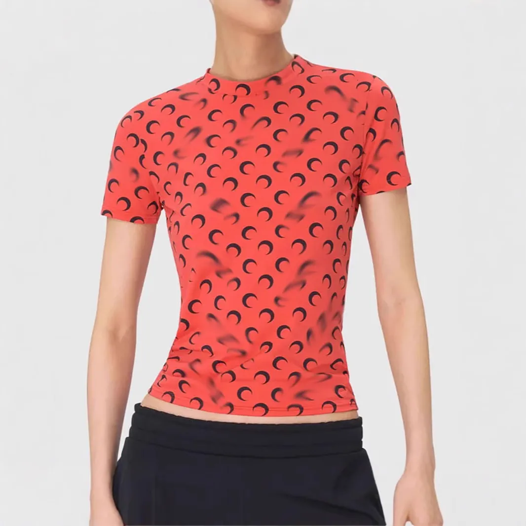 Women Fashion T-Shirt Short Sleeve Slim Fit Tee Moon Print Elastic UV Protection Top Casual Streetwear Breathable Summer Blouse