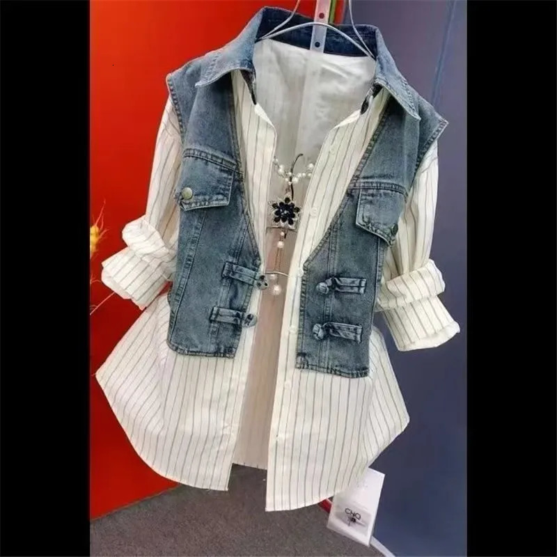 Fashion Sense Striped Denim Jackets Shirt Womens Spring Summer Cowboy Splicing Two Pieces Shirt Coat Top Women 250619