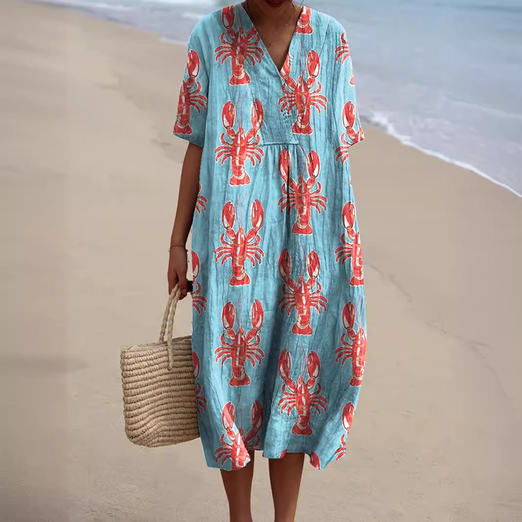 Designer Plus Size Dressindependent Station New Plus Size Women's Shirt Pocket Short Sleeve Dress Ocean Element Fish Vacation Style Dress