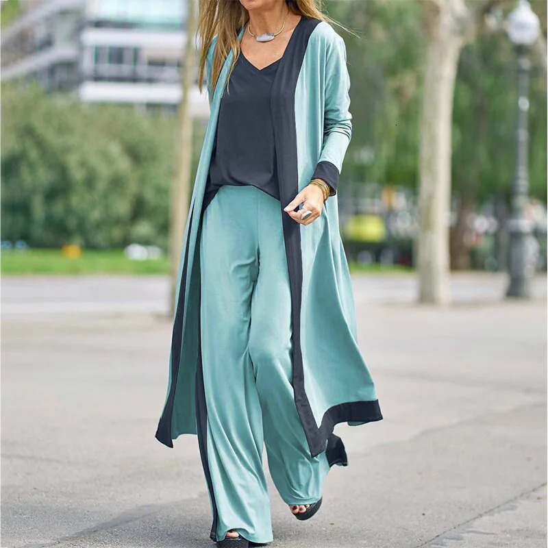 Autumn 3 Piece Women Cardigan Tracksuits Fashion Wide Leg Pant Set Winter Ladies Color Matching Top Suit Vintage Casual 250619