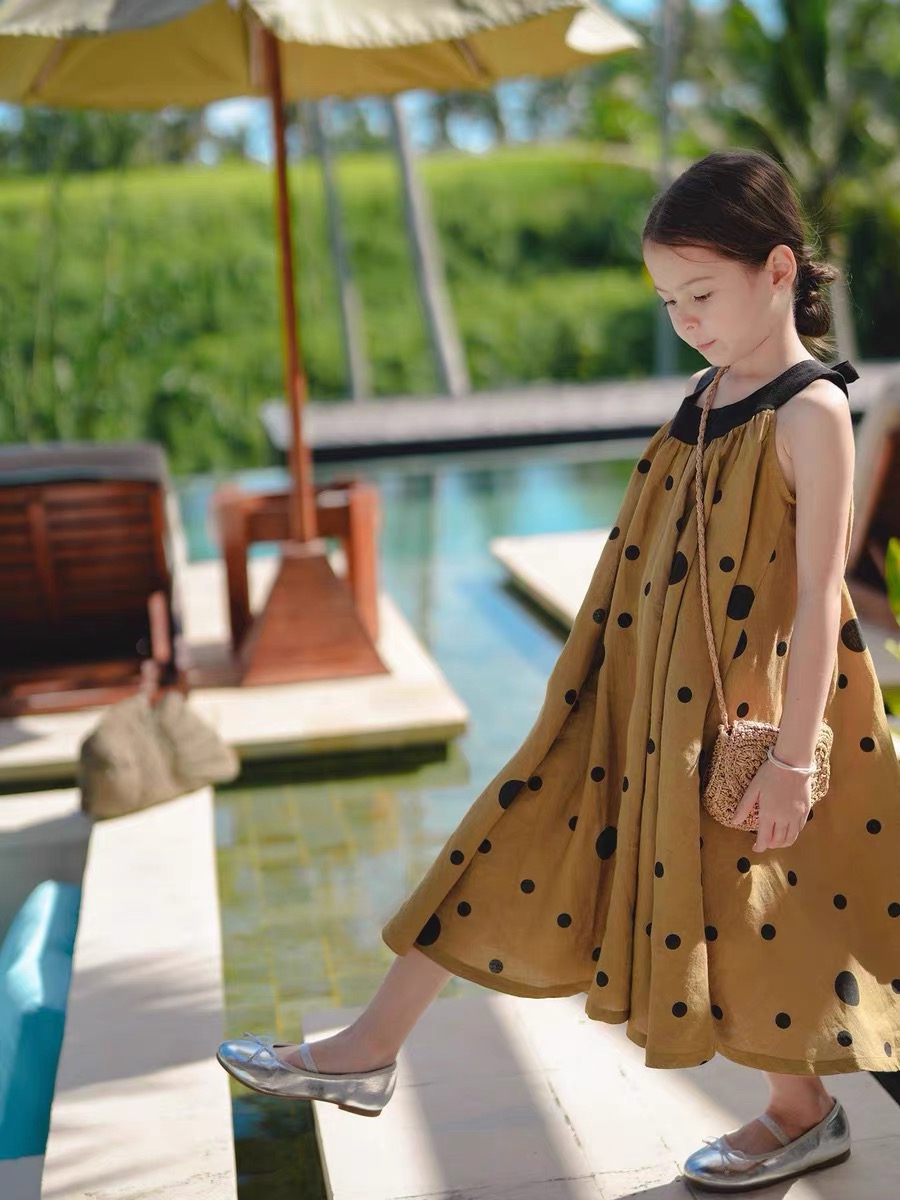 Girl's linen printed vest dress casual dress Girls' autumn long sleeved dress