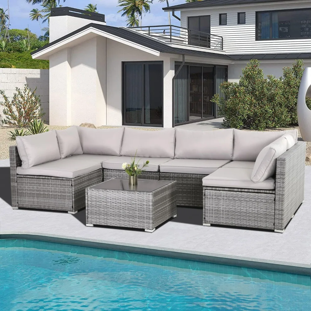 7 Pieces Patio Furniture Set, Patio Modular Patio Set Wicker Outdoor Sectional Sofa Set PE Rattan Wicker Patio Conversation Set, Gray Wicker/Gray Cushion