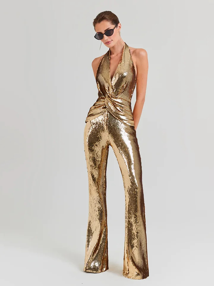 Womens Sleeveless Gold Sequin Jumpsuit Sexy V Neck Sparkle Sequined High Waist Wide Leg Pants Jumpsuit Celebrity Evening Party 250617