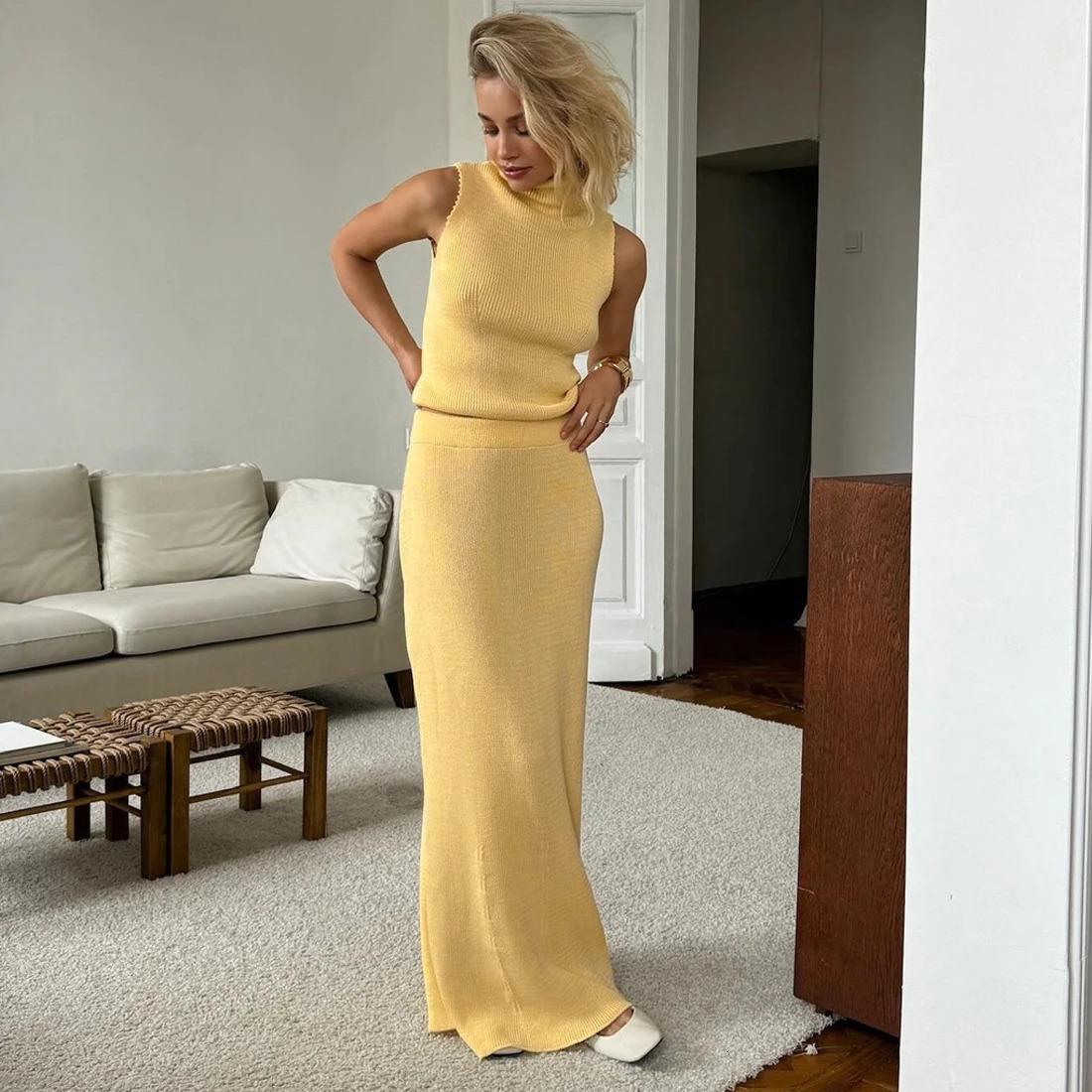 Tuularose Elegant Long Skirt Two-piece Set Womens Sleeveless Knitted Turtleneck Vest Slim Skirt Set 2025 Fashion Skirt Set 250619