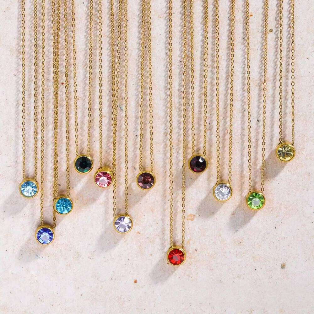 DHCollections 14K Gold Plated 316L Stainless Steel Pendant 12 Months Geometric Design Birthstone Necklace Dia Chains for Engagement Party