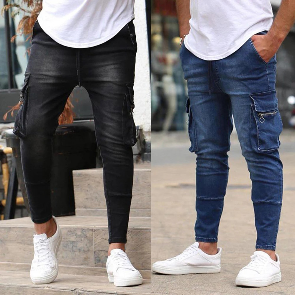 Fashion Streetwear Ripped Skinny Jeans Men Side Mulit Pockets Denim Cargo Pants Slim Fit Pantalones Hombre Soft Elastic Joggers 250619