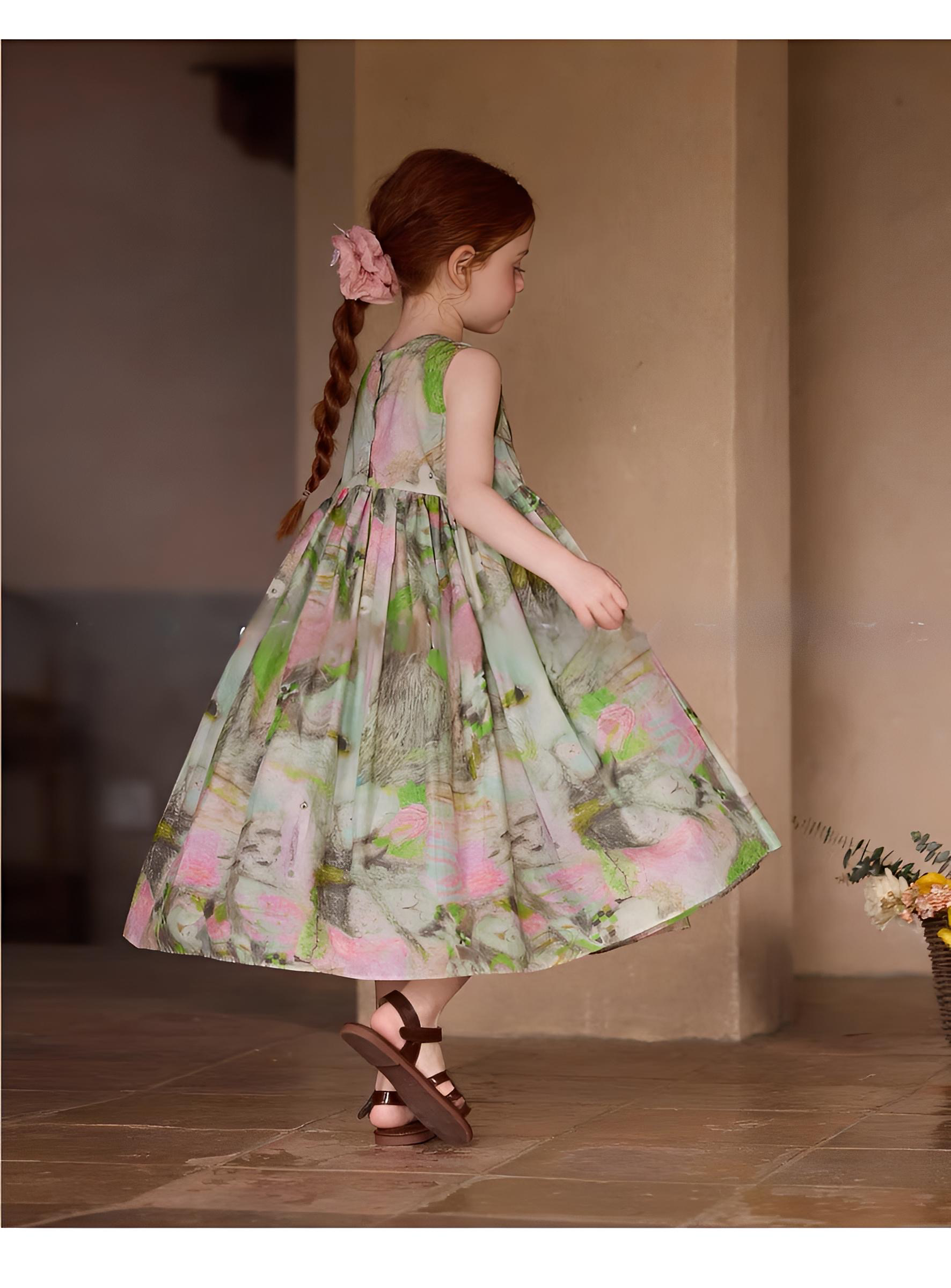 Girls' pure cotton abstract printed casual dress Versatile mid length dress