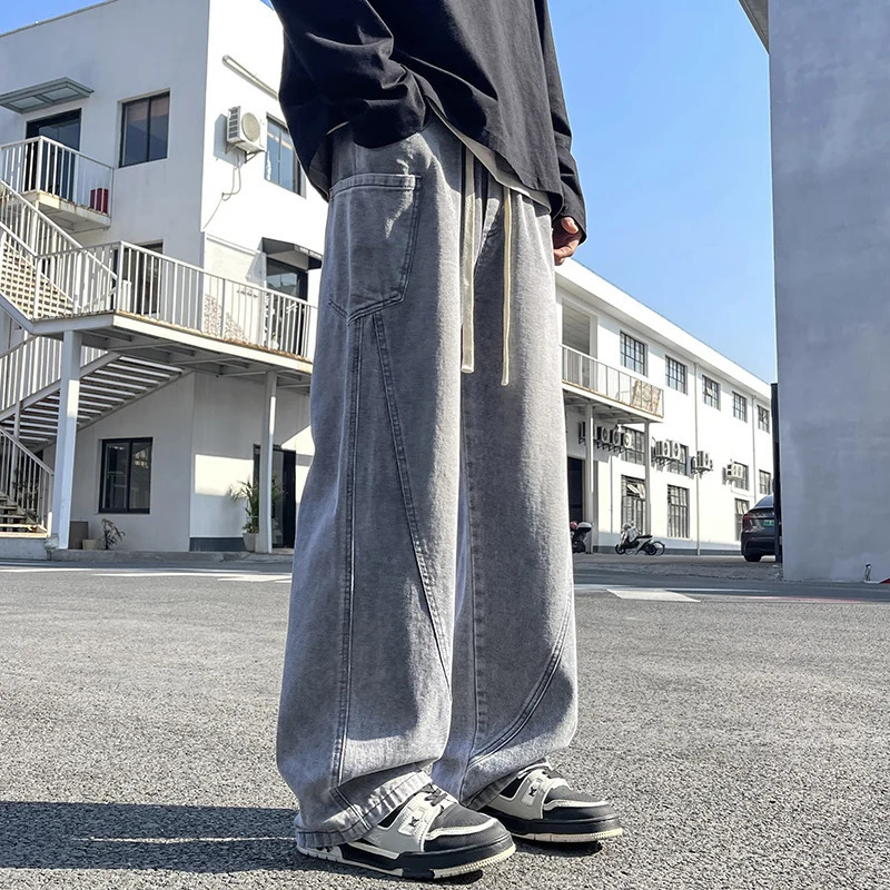 American Retro Washed Denim Jeans Mens Trendy Loose Straight Leg Workwear Wide Leg Pants Korean Street Hip-hop Mens Clothing 250617