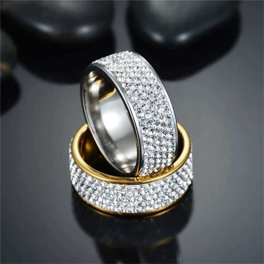 8mm Wide Five Rows Full Rhinestone Shiny Rings Stainless Steel Gold Silver Color Ring For Women Men Hip Hop Fashion Party Jewelry M250620
