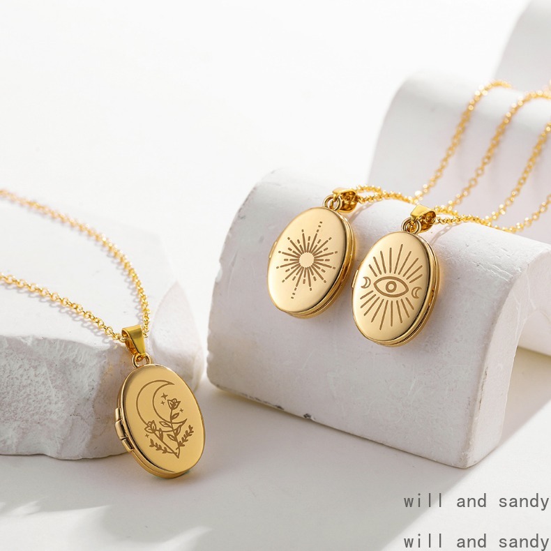 Non Tarnish Photo Hold Picture Oval Pendant Locket Necklace 18K Gold Plated Moon Sun Charm Souvenir Memorial Jewelry for Women Valentine Anniversary Birthday Gift