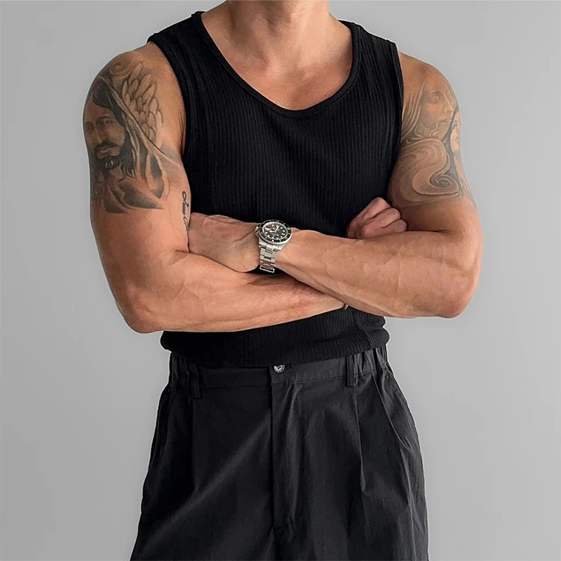 Casual Stretch Slim Mens Tank Tops Fashion Simple Solid Color Ribbed Vest Summer Streetwear Trendy All-match Mens Camisoles 250619